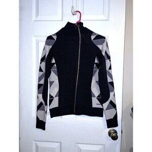 SWEATY BETTY Black Gray Merino Wool Full Zipper Mock Neck Fitted Sweater